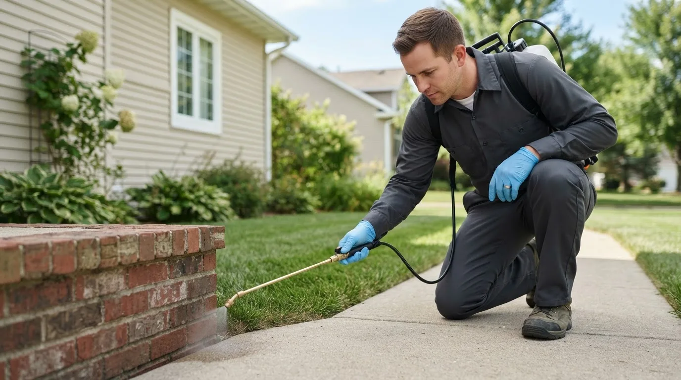 Pest control technician treating a home near Willard, UT